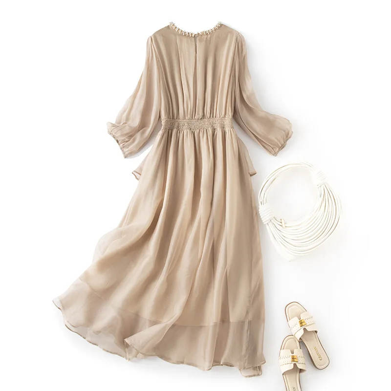 Winsleter-damska 100% prawdziwy jedwab elegancka sukienka, O Neck 3/4 rękaw frezowanie, francuskie eleganckie sukienki wróżkowe, 2025 lato D54723CC