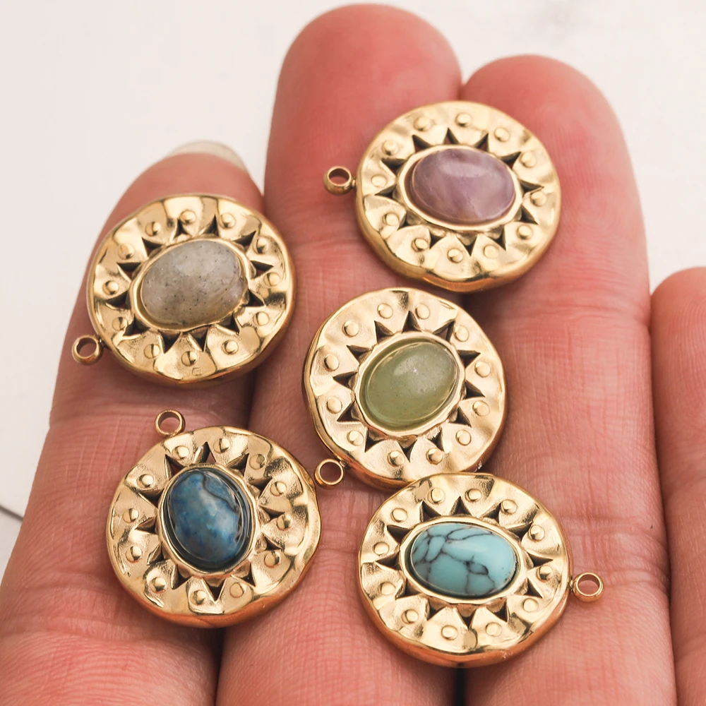 

5pcs 17*19mm Sun Flower Natural Stone Charms Stainless Steel Bohemia Star Pendants for DIY Necklace Jewelry Making fashion