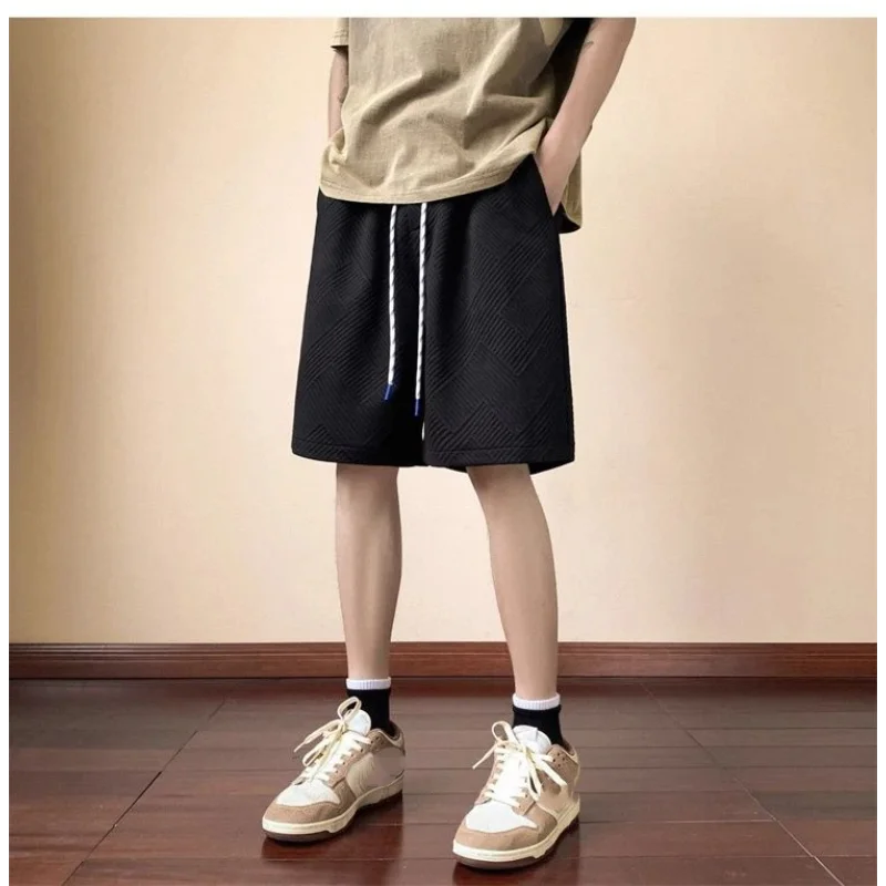 Men Textured Shorts Elastic Waist Drawstring Loose Fit Brown Geometric Pattern Casual Summer Streetwear Fashion Mid-Thigh Shorts