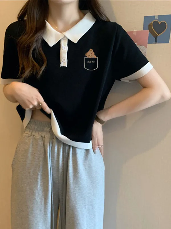 Short Sleeve  Neck T-Shirt Women's Summer New Style High School Student Korean Style Color Block Cotton Retro Commute