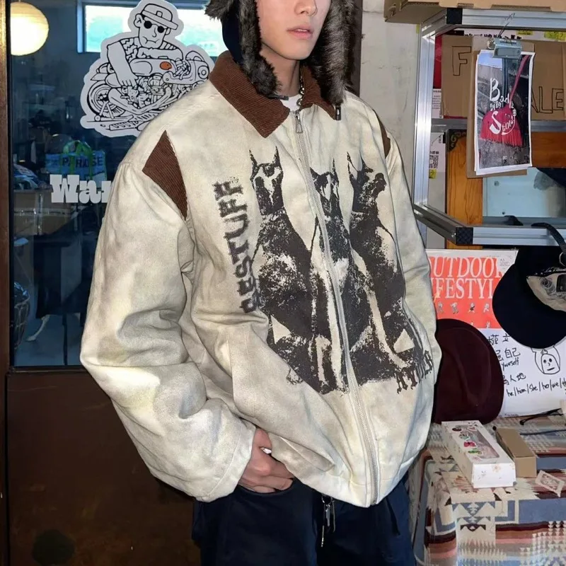 

Spring Autumn Jacket Retro Dog Print Turn Down Collar Men's Loose Zipper Long Sleeves Casual Pockets Thick Daily Jackets