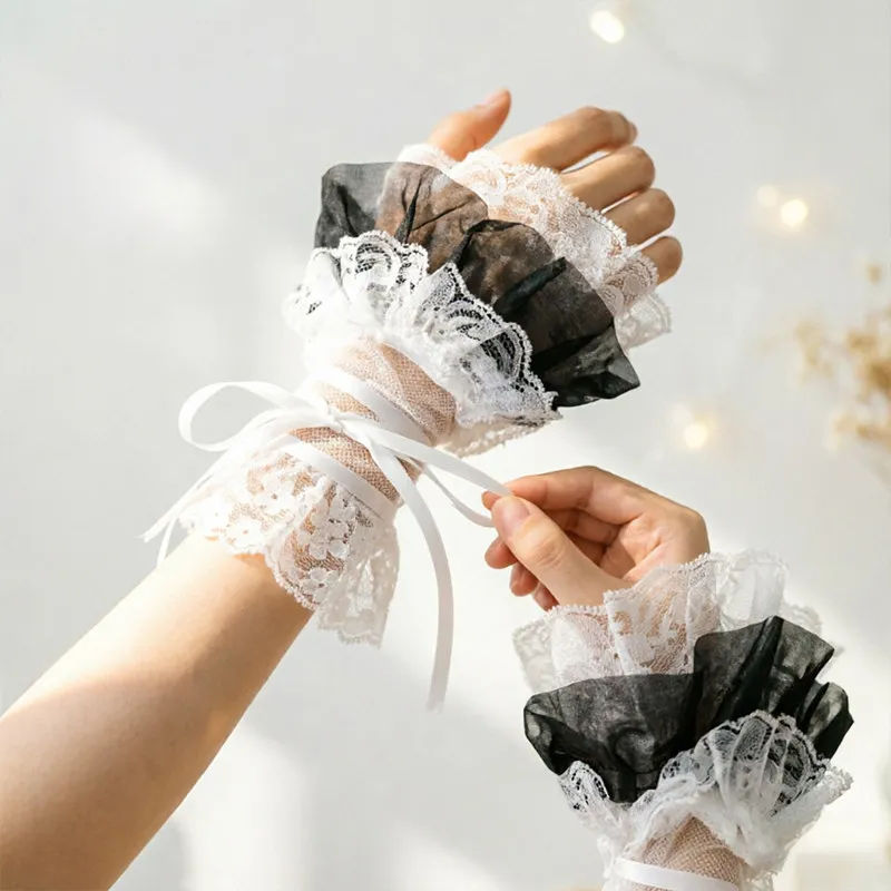 Lolita Y2K Girls Fingerless Gloves Women Lace Wrist Cuffs Fake Sleeves Silk Ribbon Ruffled Fishnet Gloves Cosplay Costume Props