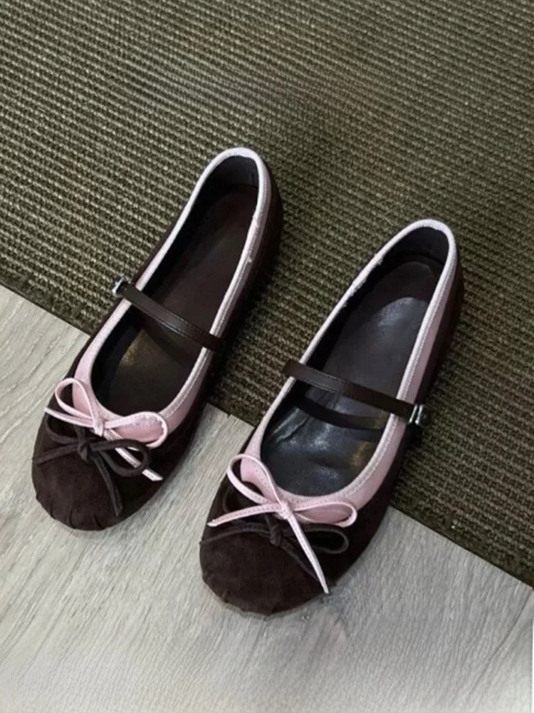 fashionable-sweet-mary-jane-shoes-women's-leather-version-color-block-knot-slip-on-shoes-round-toe-thick-heel-rubbe