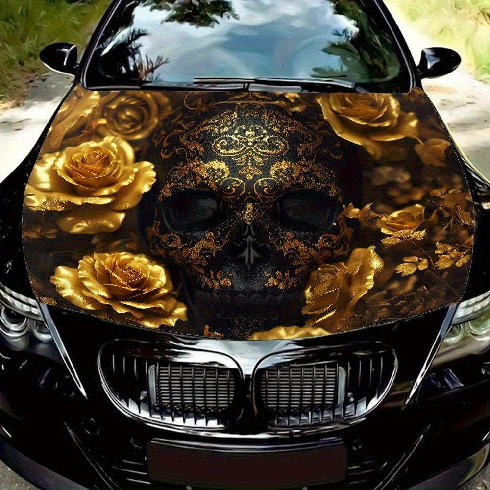 

Black Skull And Metal Flower Car Hood Wrap Colorful Vinyl Sticker For Trucks, Decorative Bonnet Graphics And Auto Accessories,Hi