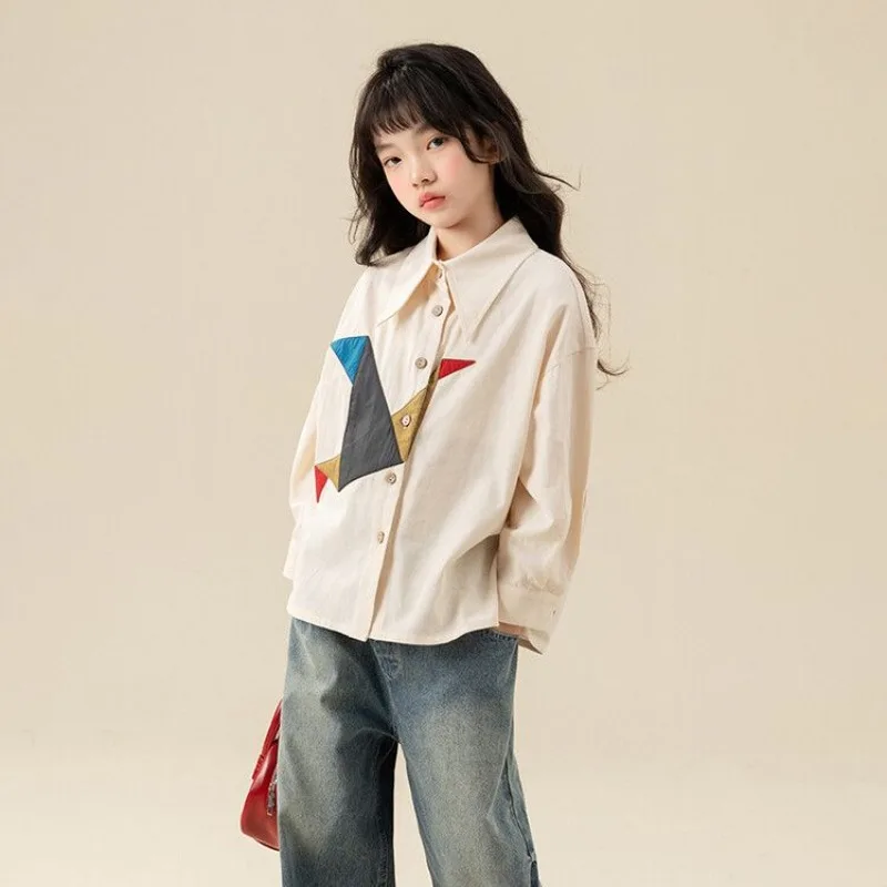Girls Color Block Shirt Spring Autumn Turn-down Collar Long Sleeve Versatile Blouse New Arrival Fashion Trendy Top