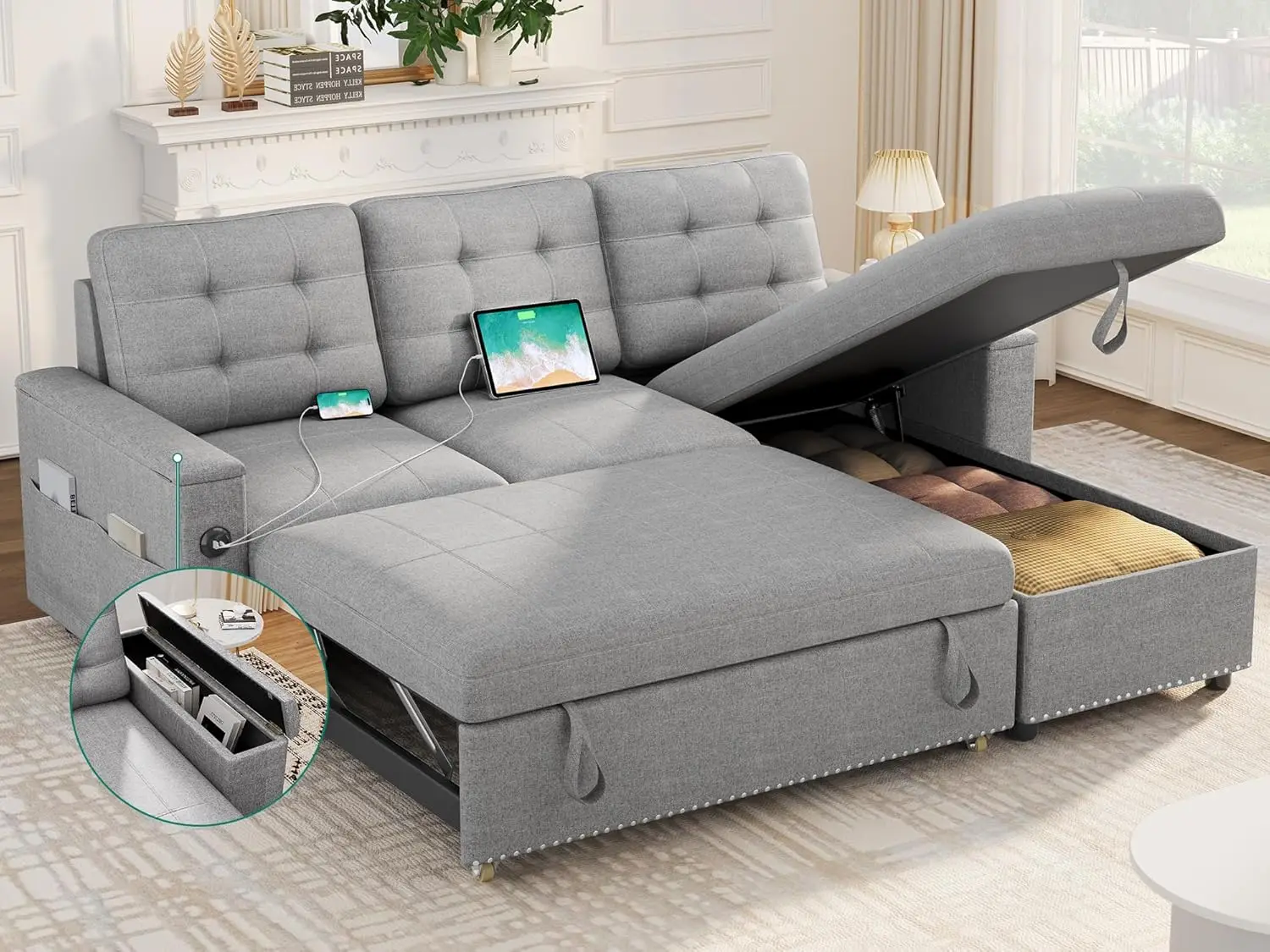 Pull Out Couch, L Shaped Sleeper Sofa Bed Couch Convertible with USB and Type C Charging Ports, Hidden Storage for Living Room