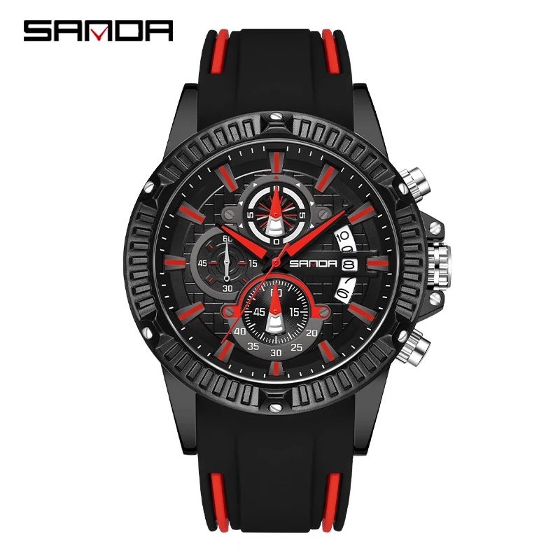 Fashion Sanda Top Brand Three Eyes Six Needles Men's Silicone Strap Waterproof Multifunctional Sports Quartz For Male Watches