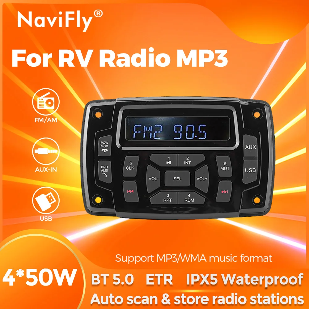 

Navifly IPX5 Водонепроницаемый для автофургона, MP3-плеер, лодки, гидроцикла, квадроцикла, UTV, боковая сторона, яхта, гольф, беспроводная связь BT5.0, автоматическое сканирование музыки, USB