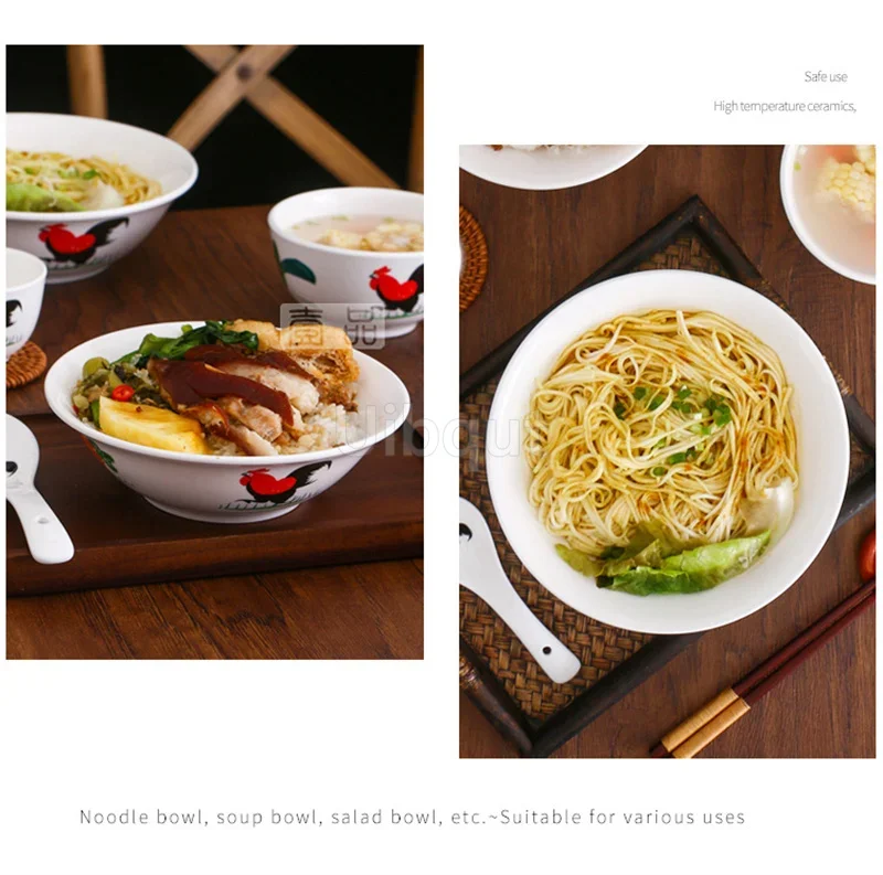 Retro Chicken Noodle Bowl Exclusive Commercial White Porcelain Rooster Big Classical Salad Soup Coconut Ceramic Ramen Bowl