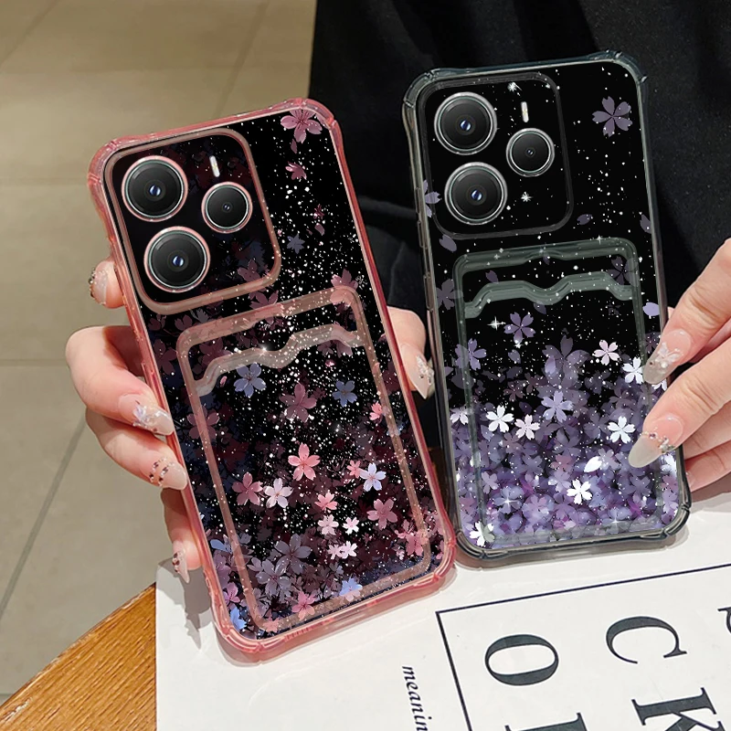 حافظة جيب للبطاقات لهاتف Xiaomi Redmi Note 14 Pro Plus 5G Note 14 13 12 11 Pro 14C 13C 4G غطاء هاتف من السيليكون الناعم على شكل زهرة متدرجة