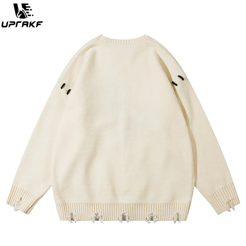 UPRAKF Funny Dinosaur Grunge Ripped O Neck Sweater Tops Autumn Loose Pullover Winter High Quality Casual Fashion Jumper