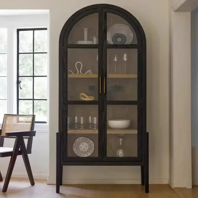 

American French Nordic Arched Door Home iving Room Glass Bookcase Display Storage CabinetL