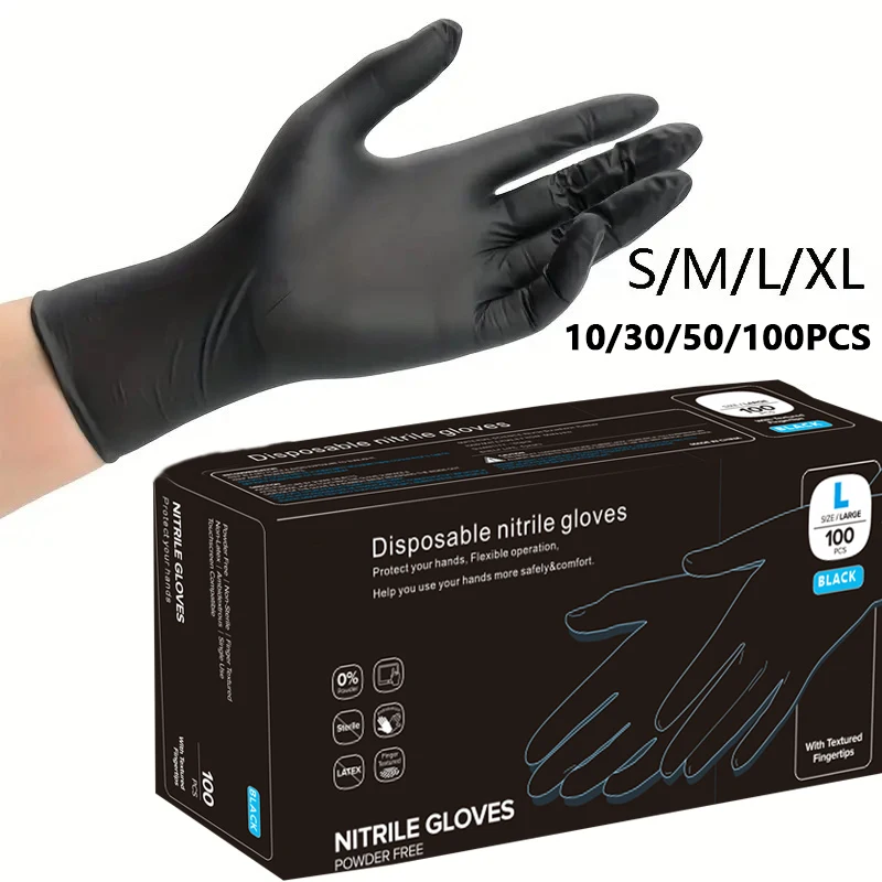 10/30/50/100PCS Black Disposable Nitrile Gloves Latex Free for Kitchen Food Processing Home Cleaning Beauty Salon Work Gloves