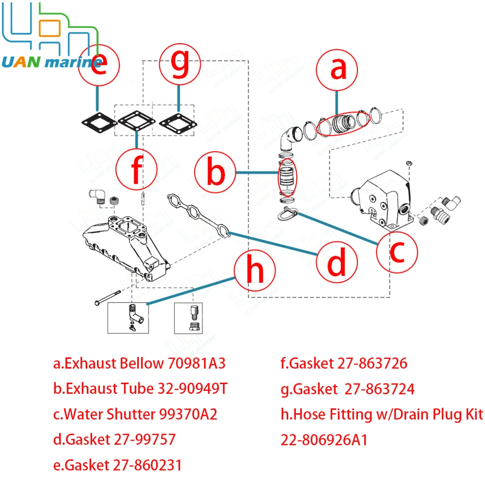 70981A3 Exhaust Wet Joint Manifolds Bellow Kit With Gasket Kits For MerCruiser V6 175 205 32-90949T 22-806926A1 27-860231