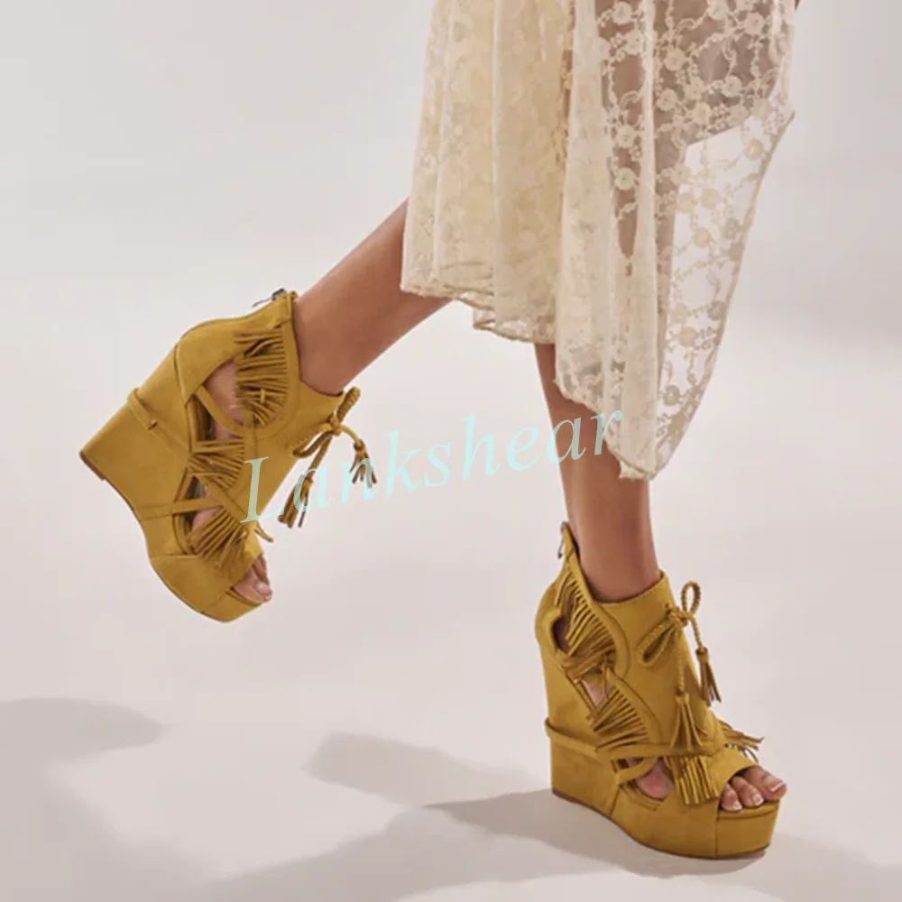 Yellow Suede Fringe Wedge Sandals Platform Open Toe Heel with Tassel Lace-Up Back Zipper Western Festival Casual Designer Shoes
