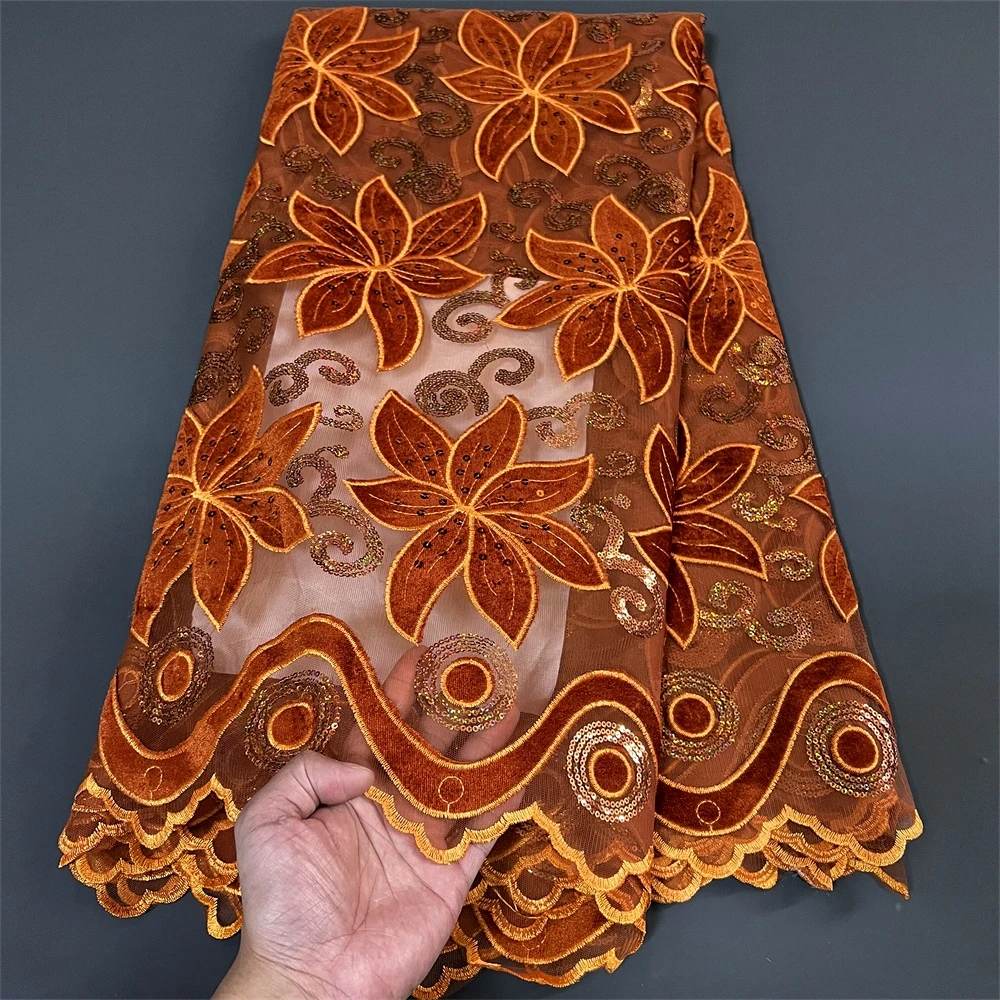 

2024African Nigerian High Quality Lace FabricFor Sewing Velvet Sequins Embroidered Cord Guipure Party Dress Wedding 5Yard hz1258
