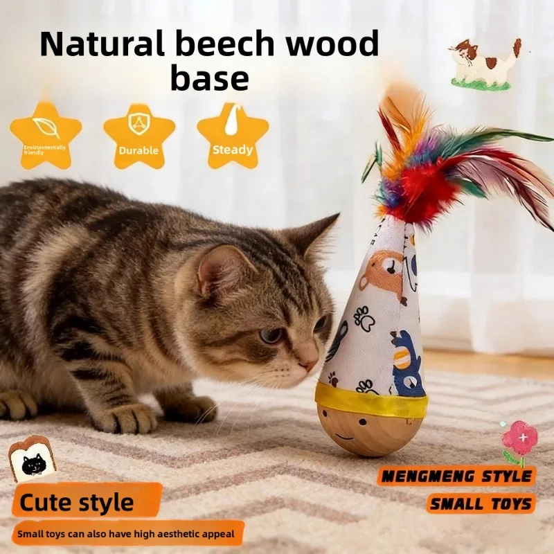 Wood Tumbler Wobble Cat Toy with Feather Bite-Resistant Self-Play Kitten Teeth Cleaning Interactive Play Toys Pets Supplies