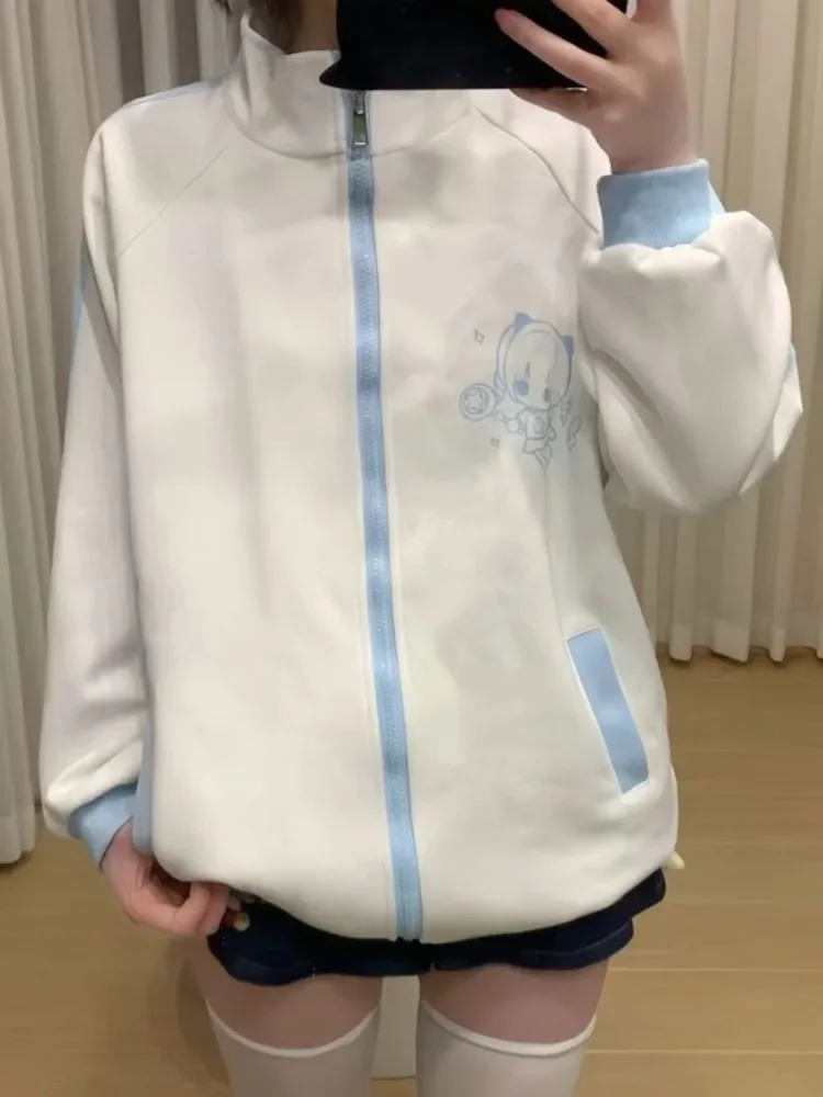 

Autumn Japanese Cartoon Printing Casual Coats Women Loose Y2k Aesthetic Patchwork Jackets Oversized Harajuku Stand Neck Jacket