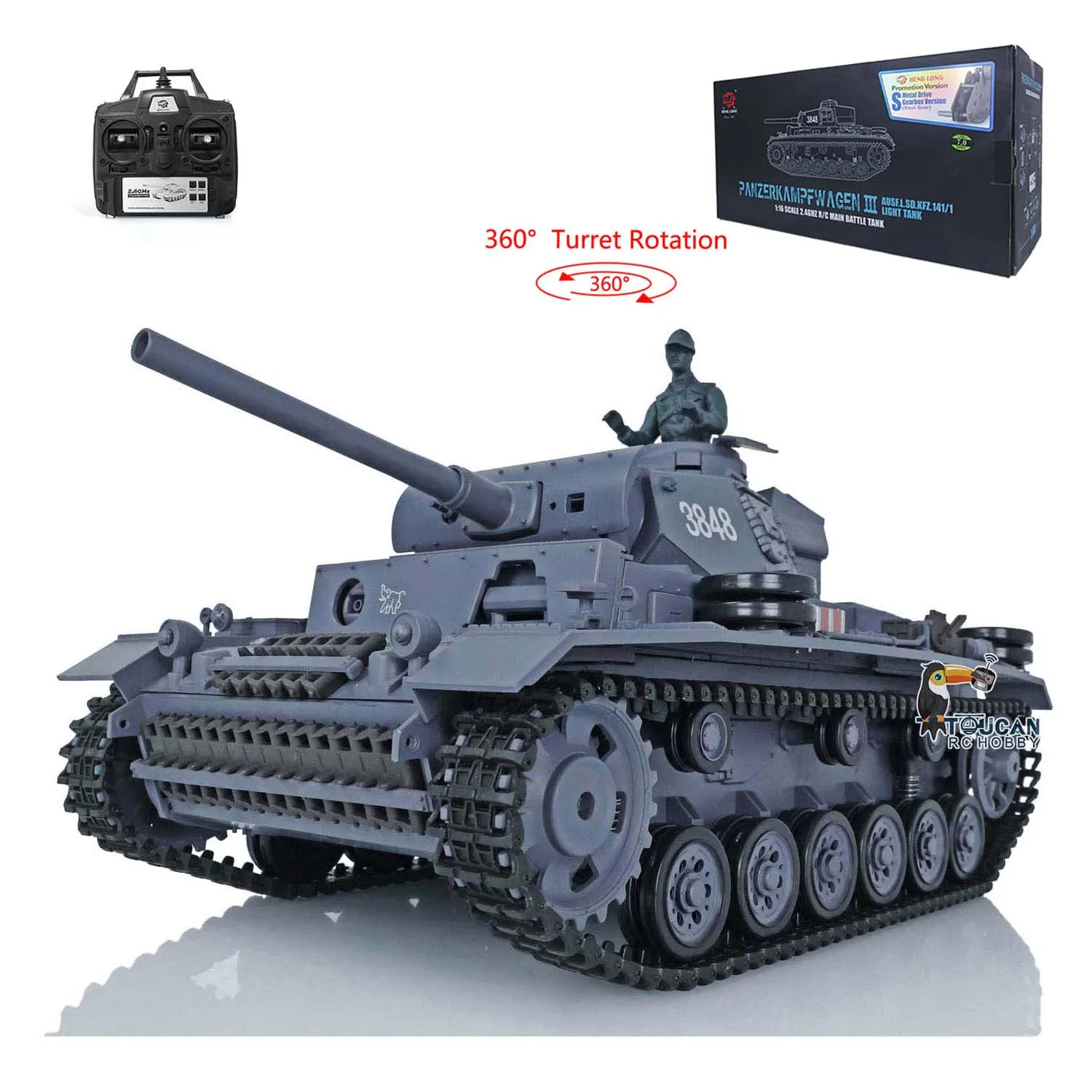 2.4G Heng Long 1/16 Scale RC Panzer 7.0 Plastic German Panzer III L RTR RC Tank Model 3848 360° Turret Vehicle Toy TH17340