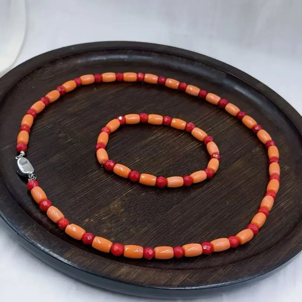 6-8mm Column Round Orange Red Sea Bamboo Coral Natural Gems Women Chokers Necklace Bracelet Jewelry Set 17.5