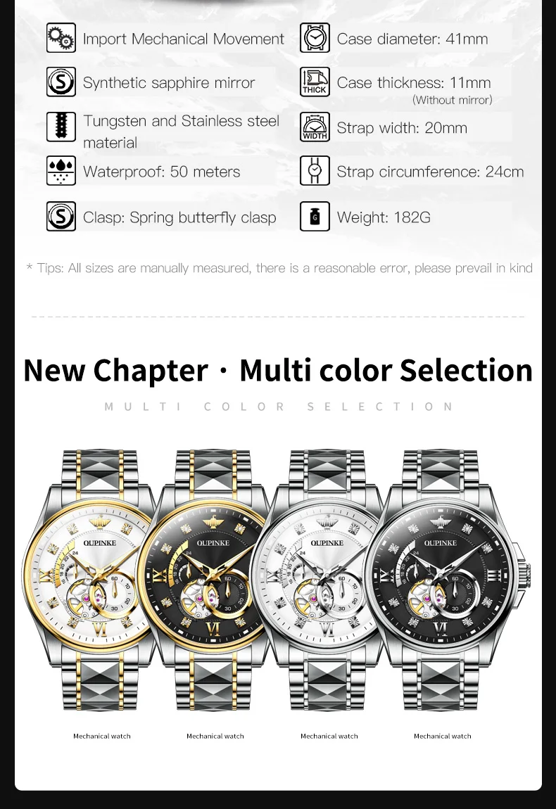 OUPINKE Men Automatic Watches Luxury Tungsten steel Skeleton Self-Winding Watches Sapphire Swiss Mechanical Movement Watch 3245