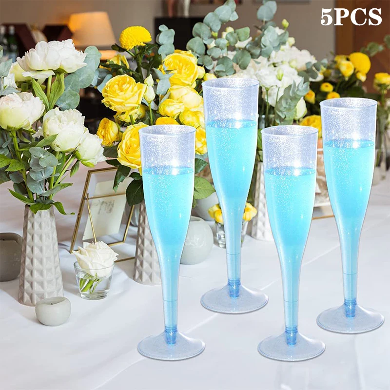 5Pcs Purple Blue Champagne Cup Disposable Plastic Flutes Cups Wedding Birthday Party Supplies Bar Drink Red Wine Ice Cream Cup