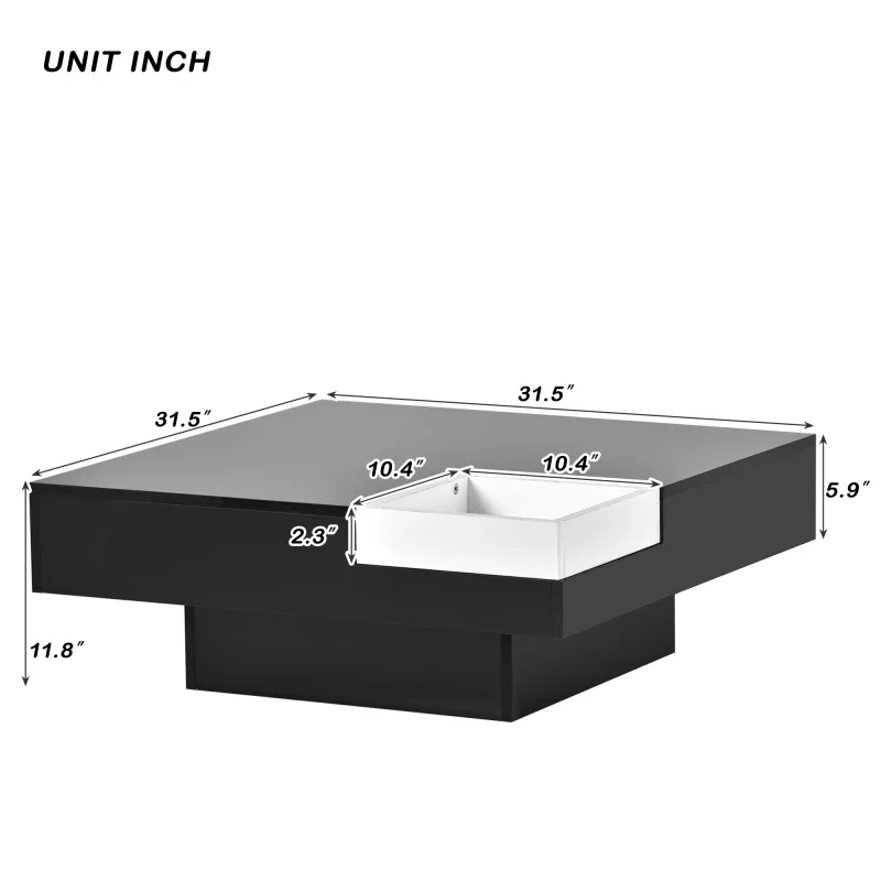 Mesa de centro para sala de estar, diseño minimalista de alto brillo con luces LED enchufables de 16 colores, mesa de centro cuadrada de 2 niveles,