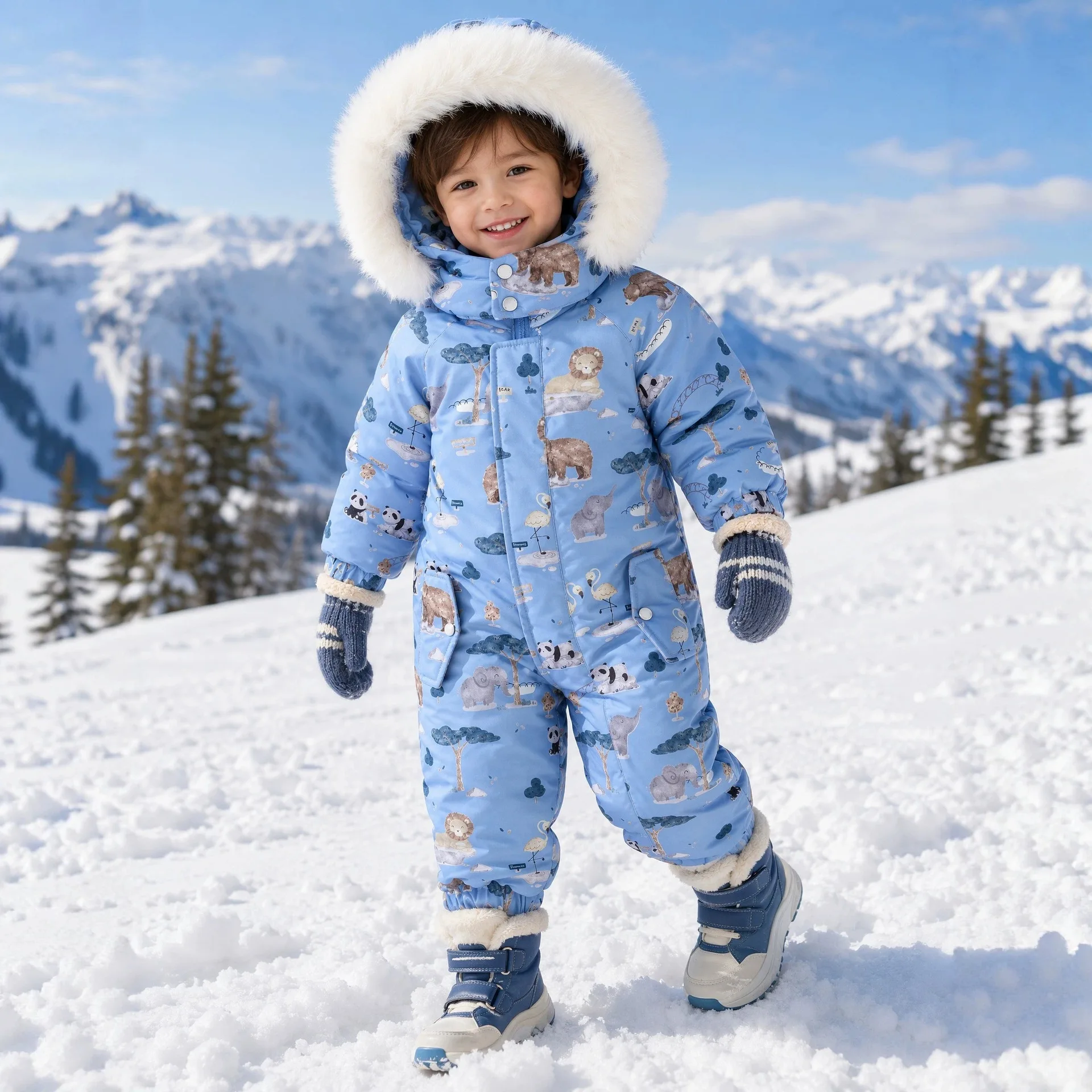 Bellbell Winter 2-6Yrs Girls Snowwear Jumpsuit Faux Fur Hooded Floral Print Kids Baby Girl Romper Thicken Warm Toddler Bodysuit