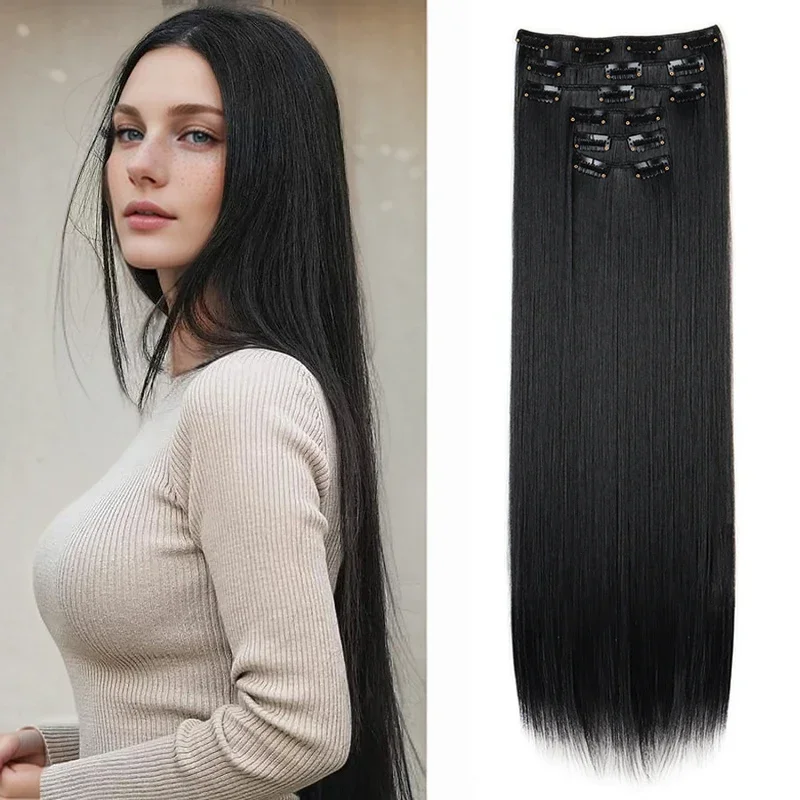 

Synthetic 24Inch Hair Extension 6Pcs Long Straight Black Brown Blonde Heat-resistant Fiber Hairpiece for Women