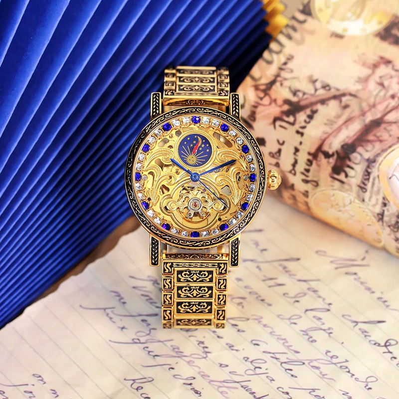 

Мужские автоматические механические часы в стиле ретро с черным и золотым стальным ремешком и фазой солнца и луны.