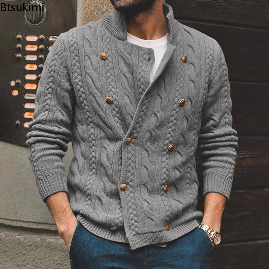 New 2025 Autumn Winter Knitted Cardigan Men Double Breasted Sweater Coat Male Streetwear Winter Warm Turtleneck Men Clothing