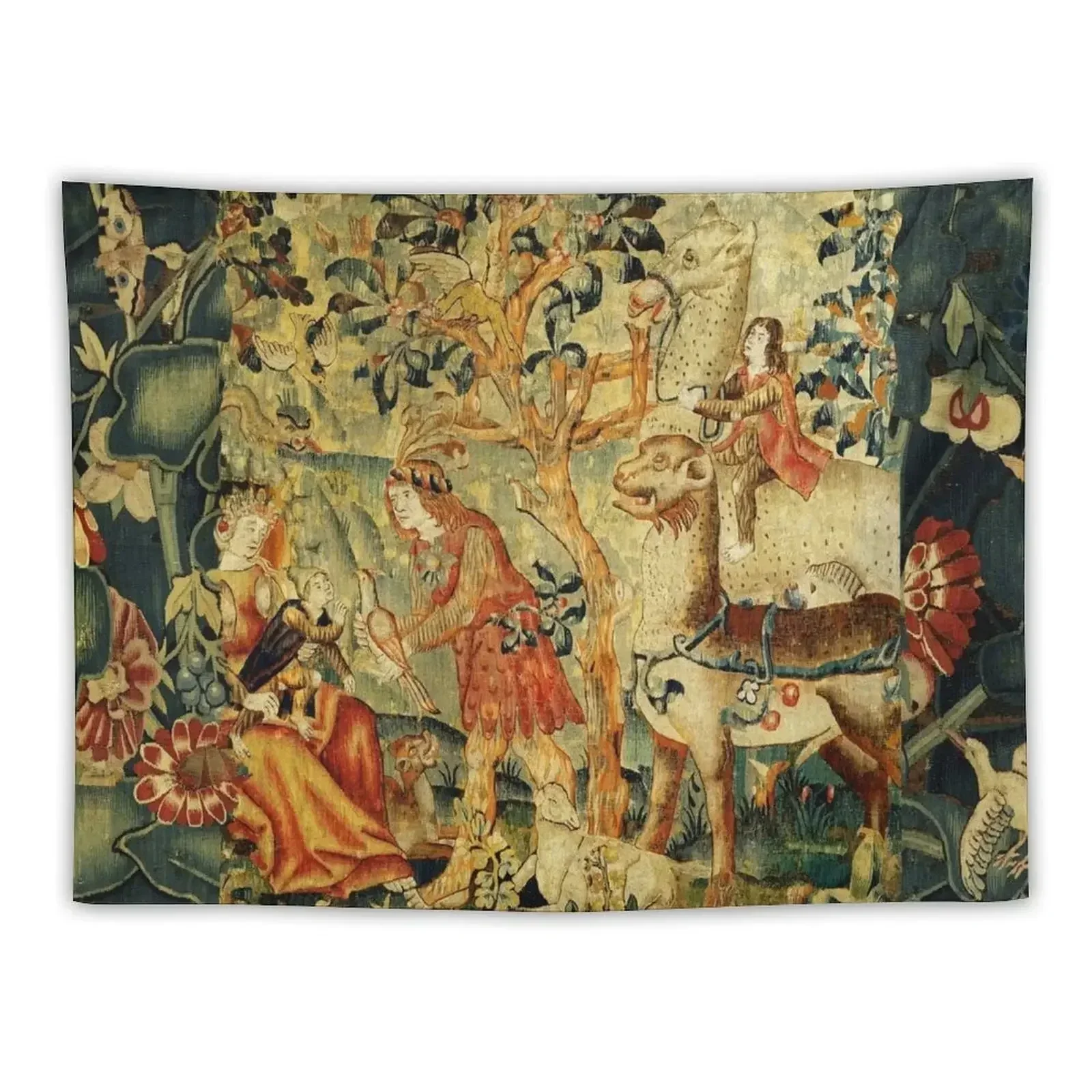 WILD MEN, FANTASTIC ANIMALS,BIRDS IN LANDSCAPE Antique Floral Tapestry Bedroom Decor Aesthetic Tapete For The Wall Tapestry