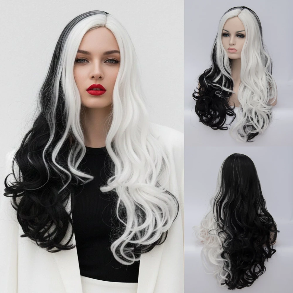 

Women Long Wavy Middle Part Synthetic Wig Black Ombre White Cosplay Heat Resistant Daily Party Cosplay Wig