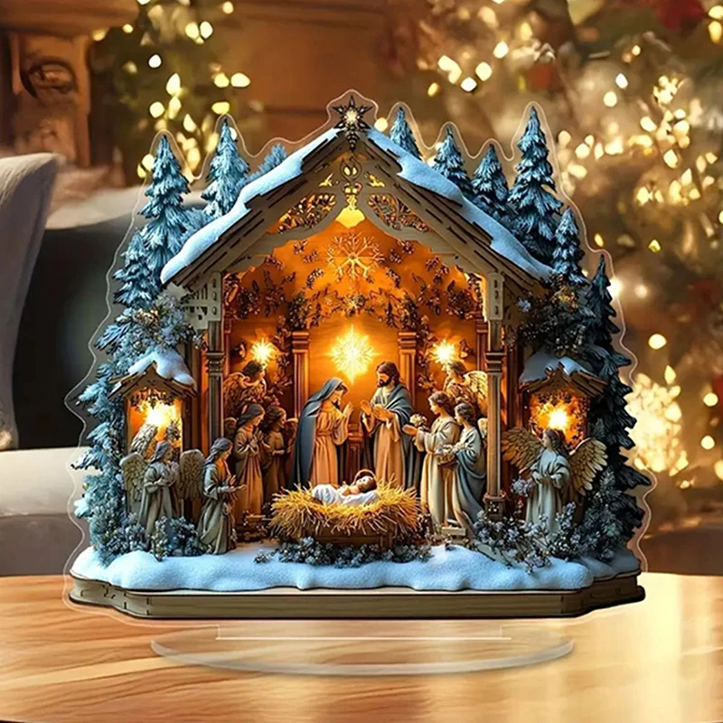 Flat Acrylic Ornament Figurines, Decoration Crafts Waterproof Nativity Desktop Decoration for Home Office Present Miniatures