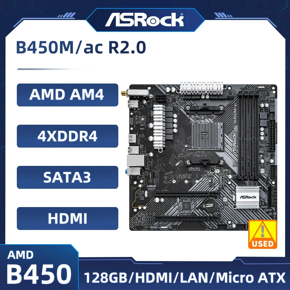 

Материнская плата ASRock B450M/ac R2.0 B450 B450M, разъем AM4 DDR4, поддержка Ryzen 5 5600 5700 4300G 1600 процессоров M.2 Micro ATX