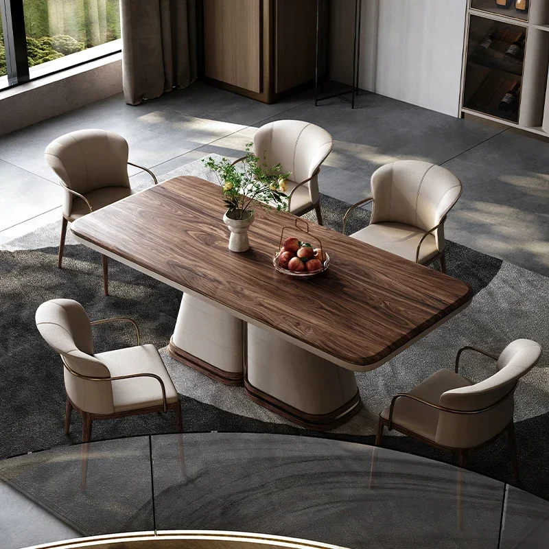 

Modern Rectangle Dining Table Style North American Black Walnut Restaurant Solid Wood Genuine Leather Chair Rock Board Tables