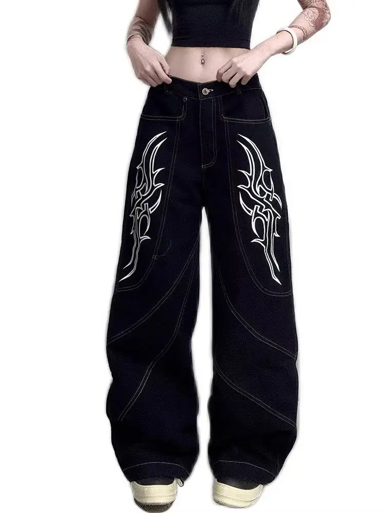 Embroidery Flame Structure Baggy Jeans Women Streetwear Harajuku Hip Hop Jeans Black Loose Wide Leg Denim Pants
