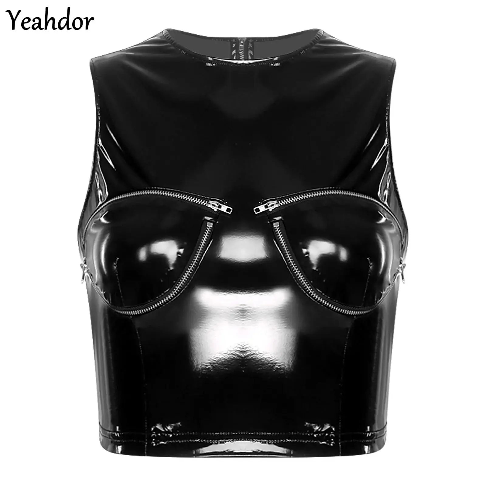 

Топ-жилетка из глянцевой латексной кожи с эффектом мокрой кожи для женщин, без рукавов, на молнии, с чашками, укороченный, для карнавалов и клубной одежды