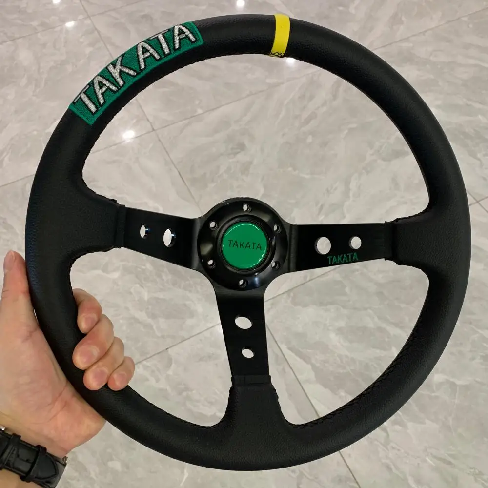  TAKATA Embroidery Leather Steering Wheel 14Inch  Racing Drift Steering Wheel 6 Hole Fit Quick Release Boss For Most Vehicle
