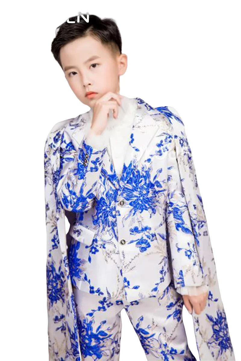 

Customized kid's Chinese Wind Blue and white porcelain Printed Suits children's catwalk stage show costumes