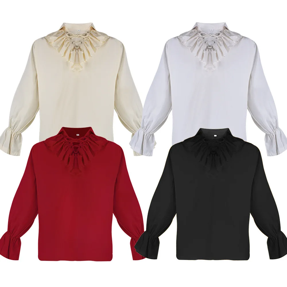 Medieval Style Men's Pure Color Shirt Puffy Sleeve Folded Collar Vintage Top Cosplay Costume Summer New Arrival