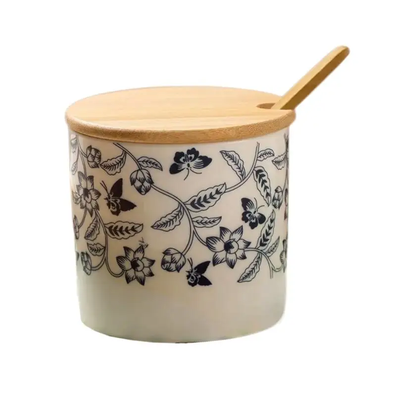 E8BD Dining Table Seasoning Jar with Lid and Spoon, Patterned Ceramic Salt Container for Convenient Serving of Sugar, Spices and