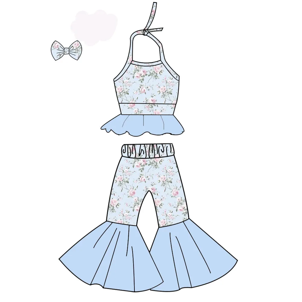 New Hot Selling Girls Suit Boutique Children Suit Halter Neck Bow Floral Print Trousers Bell Bottoms Mesh Girl Suit