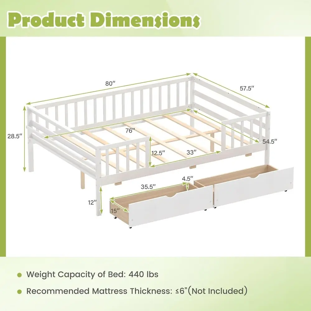 White Wooden Kids Bed with Storage Drawers, Side Shelves, and Rails, Suitable for Boys and Girls, No Box Spring Required