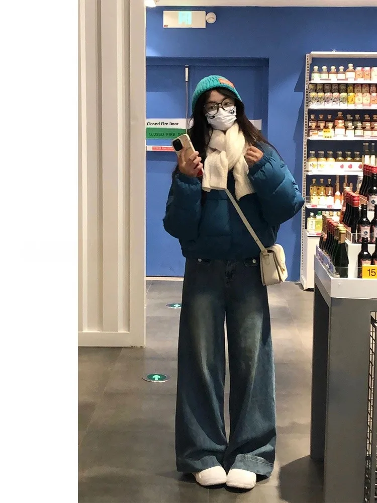 

Свободные широкие джинсы с высокой талией в стиле ретро, женские осенние новые прямые брюки длиной до пола большого размера