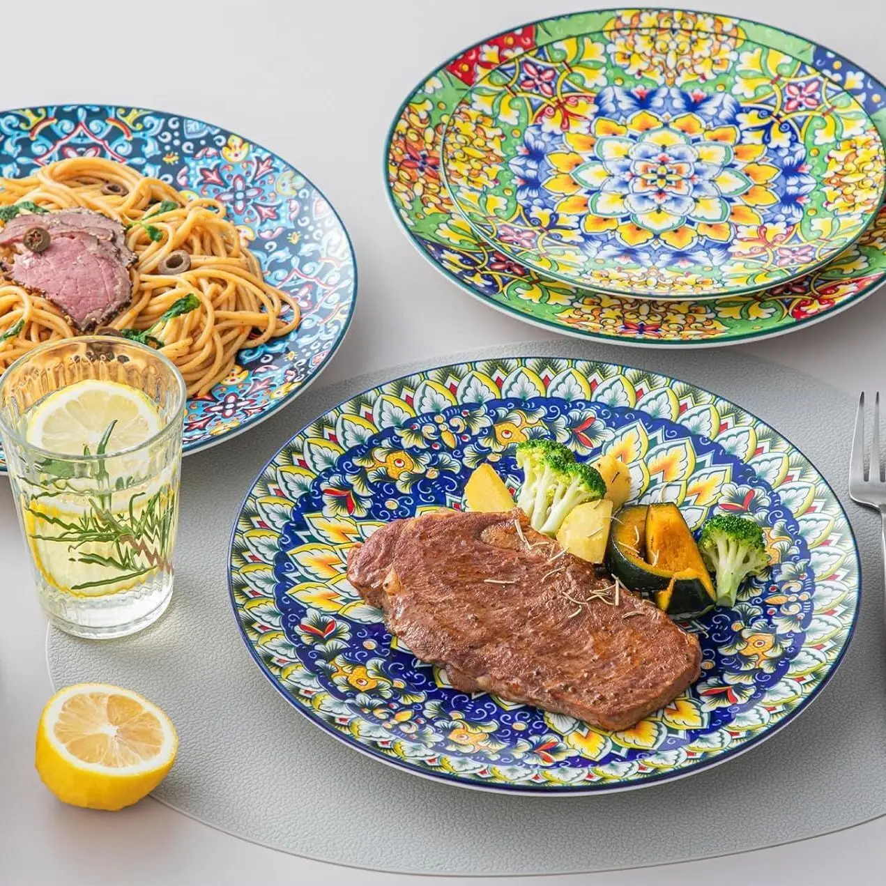 

Набор посуды из 6 предметов, включая обеденную тарелку, тарелку для стейка, десертную тарелку, тарелку для димсамов и тарелку для фруктового салата, 8 или 10 дюймов.