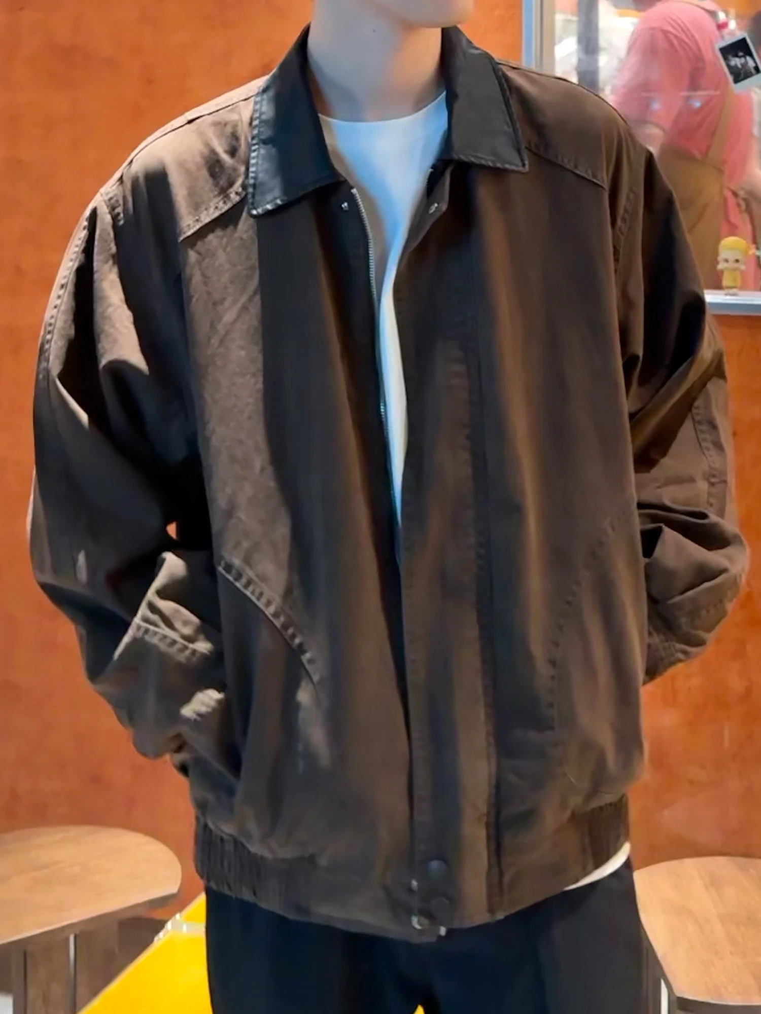 الرجعية الأمريكية Waed ياقة جلدية Jaet الرجال فضفاضة تناسب عادية ربيع الخريف ملابس خارجية الشباب Sle مستقيم هملين