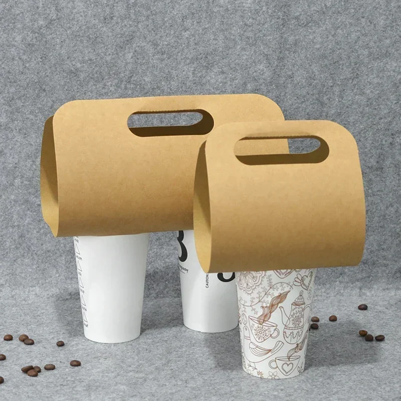 50pcs Handle Cup Holder with Hole Disposable Kraft Paper Single Double Cup Coffee Beverage Takeout Portable Packing Paper Tray