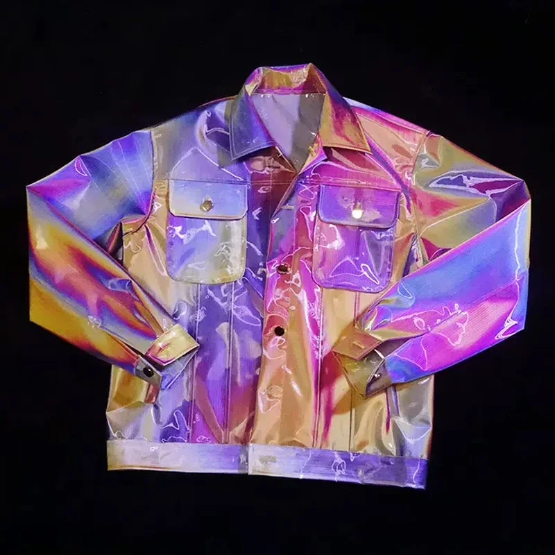 

Holographic Gloss Fashion Women PU Plastic Jacket Loosen Waterproof DJ Club Costumes Transparent Plastic Coats Punk Streetwear