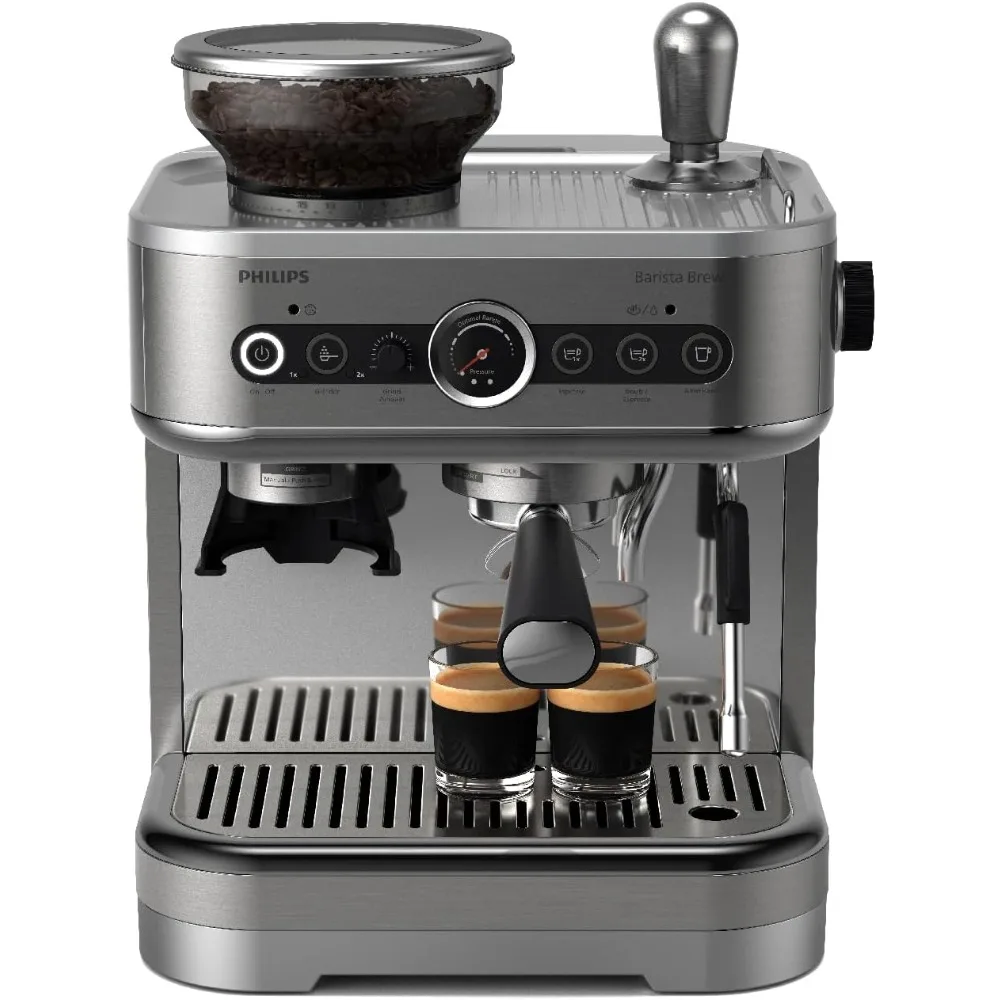

Semi Automatic Espresso Machine-Single & Double Espresso+Americano Button, 250g Bean Container, Calibrated Tamping, Metal Silver